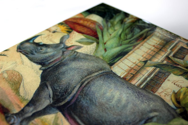 Box rhino palm trees antique painting square green