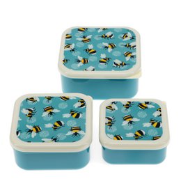  Set of 3 snack boxes featuring a bumblebee pattern on a teal background. The boxes are suitable for storing kids' snacks.