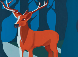 Vibrant deer wallpaper in two sizes, featuring a striking orange deer against a blue and teal background with abstract forest elements. Suitable for decorating a child's room.