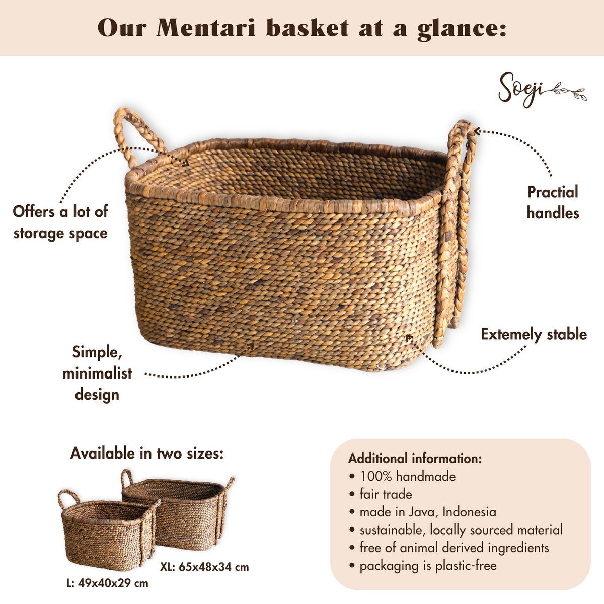 Extra Large Laundry Basket – Square Boho Hamper – Woven Decorative Basket – Storage Basket Made of Natural Water Hyacinth (2 sizes) MENTARI