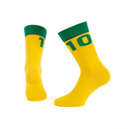 Yellow and green socks with the number 10 printed on them.