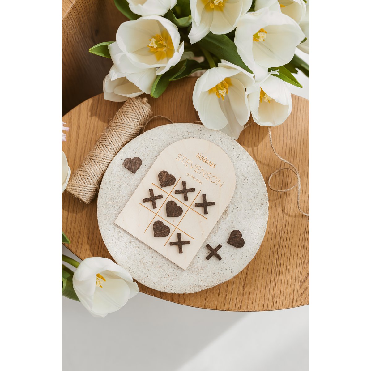 Natürliches, personalisiertes Hochzeitsgeschenk aus Holz – individuelles Tic-Tac-Toe-Spiel – rustikales Hochzeits-Andenken-Geschenk | Personalisiertes Hochzeitsgeschenk aus Holz