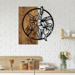 Rustic wood and metal wall painting featuring a circular design with floral motifs. The artwork has a natural, earthy aesthetic that would complement a variety of home decor styles.