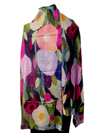 Colorful kiwi fruit print scarf with pink, purple, yellow, green. Vibrant floral botanical pattern. Lightweight wrap accessory.