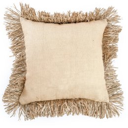Beige linen cushion cover with jute fringe trim, square shape, natural boho style.