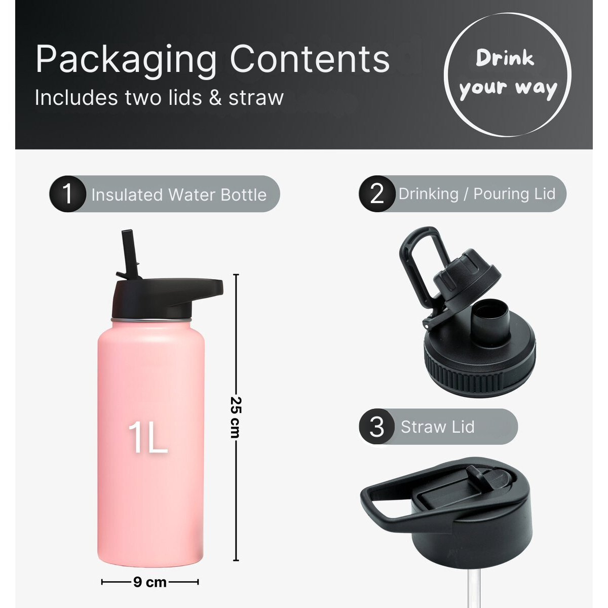Stainless Steel Water Bottle - 1 Litre - With Straw - Pink