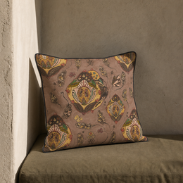 Taupe cushion cover with ornate gold damask pattern, decorative floral motifs, elegant traditional design.