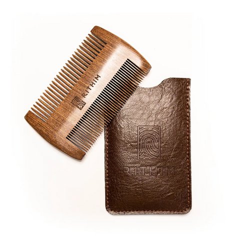 Cherry wood beard comb with pu-leather case