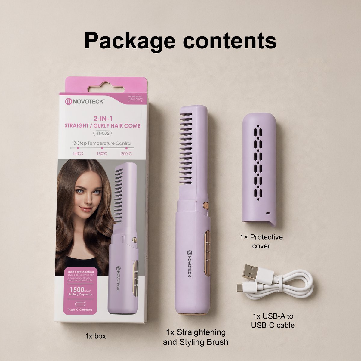 NOVOTECK HT-002 Cepillo para alisar y peinar el cabello 2 en 1 - Recargable, 3 configuraciones de temperatura, 1500 mAh, carga USB-C