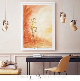 Fine art print depicting a dancer in an abstract, fiery landscape. Vibrant colors and expressive brushstrokes create a dynamic, emotive scene.