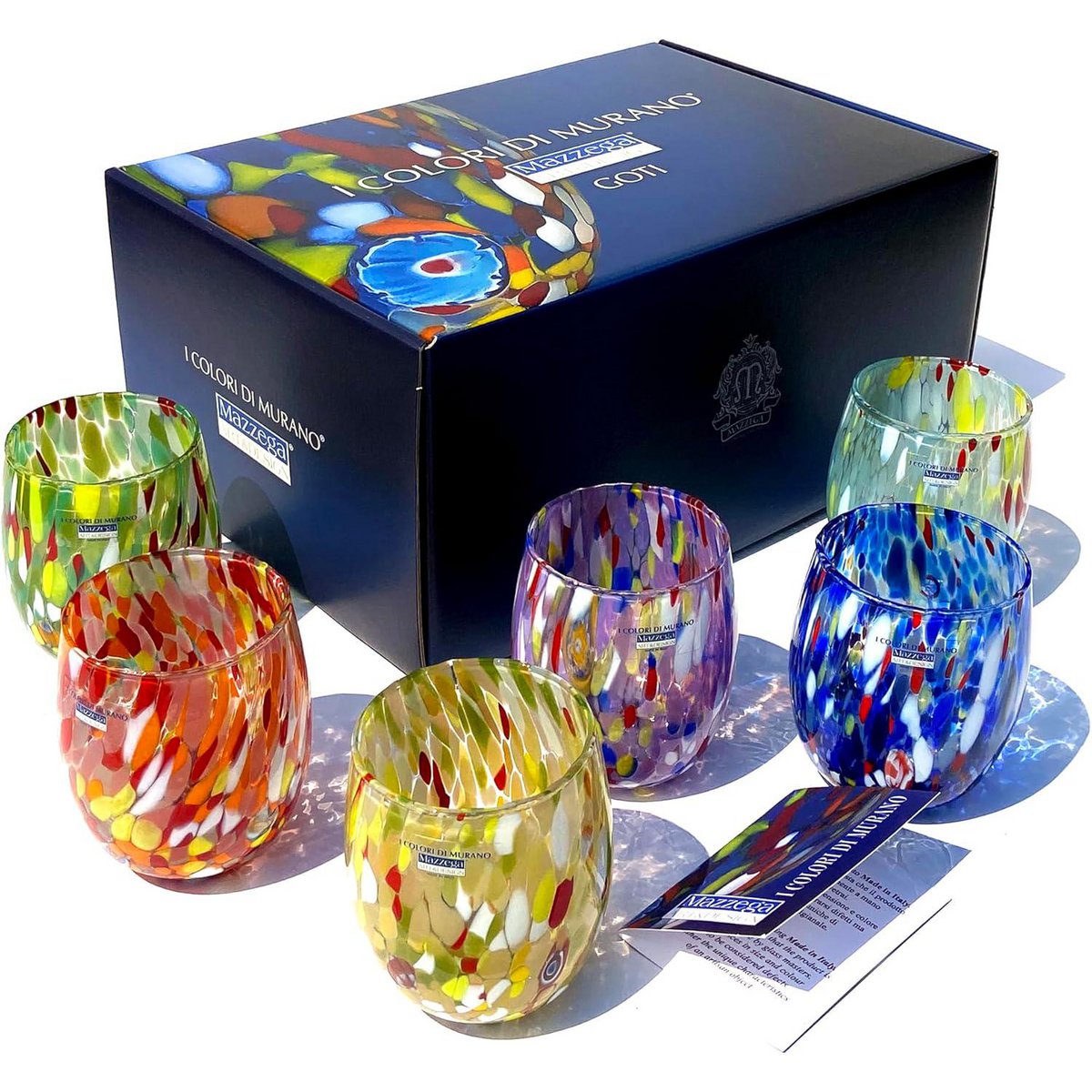 6 Big Colombina vand Big Colombine Bold og håndhåndet med Murrine di Murano, "I Colori di Murano" 435 Ml Line. Lavet i Italien