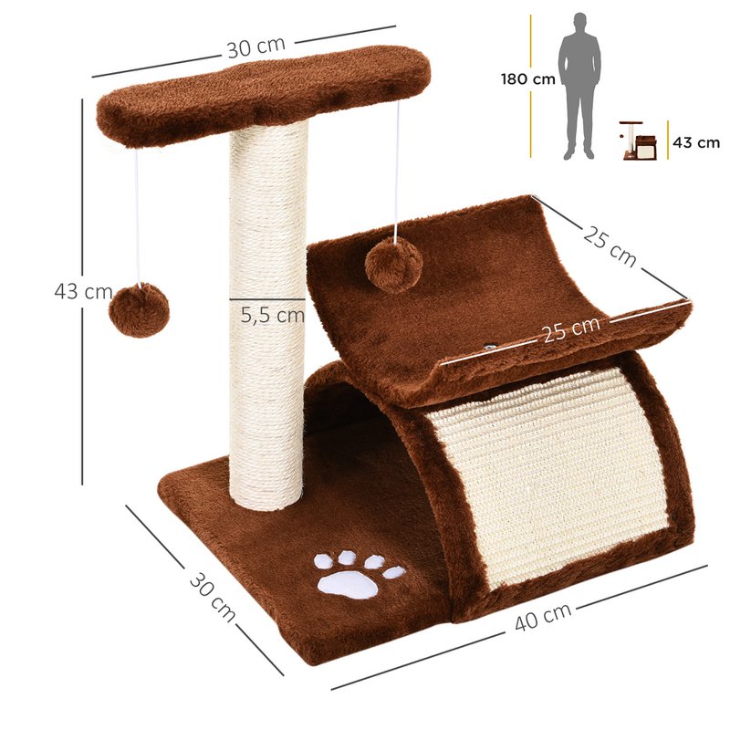 Scratching post 43 cm small cat tree with tunnel, U-shaped lying surface, cat scratching post with scratching board, play ball, cat furniture for small cats, brown