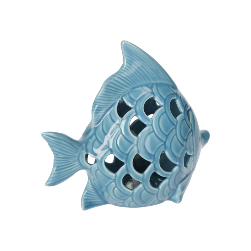 Pez decorativo luminoso en cerámica azul. Altura 20 cm