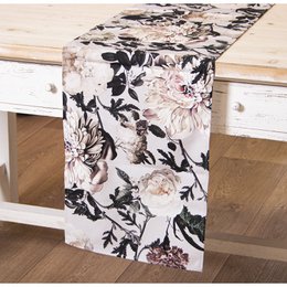 REKTANGULÆR GRÅ BORDLØBER I BOMULD MED BLOMSTER. 1-SIDET 33X180CM, MED DIGITALT UDSKRIVNING CU50555