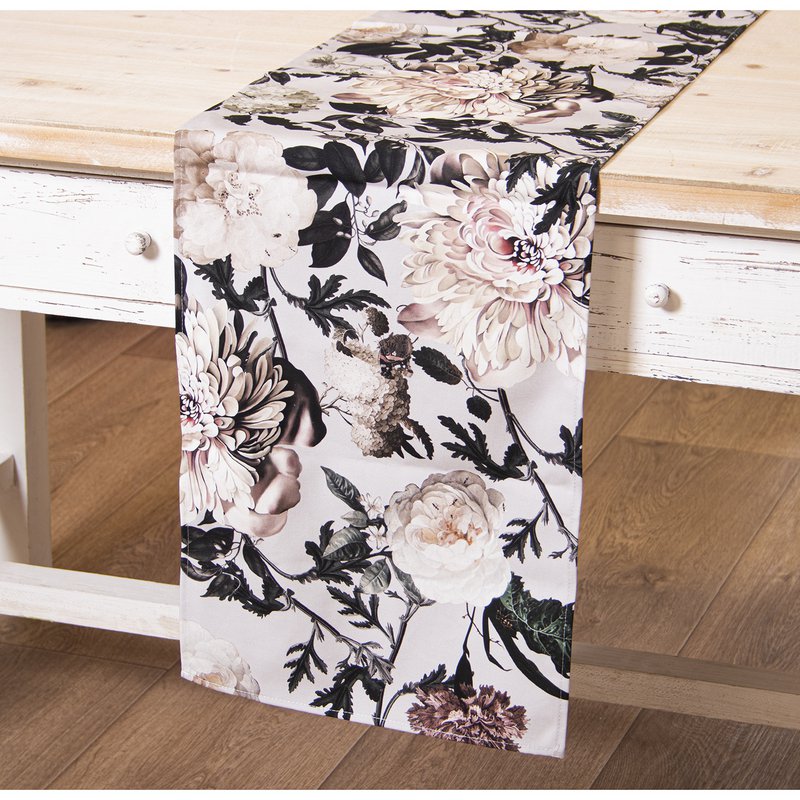 RECHTHOEKIGE GRIJZE KATOENEN TAFELLOPER MET BLOEMEN. EENZIJDIG 33X180CM, MET DIGITALE BEDRUKKING CU50555