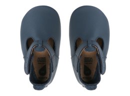 Soft sole navy blue baby shoes with velcro closure and textured sole for traction.
