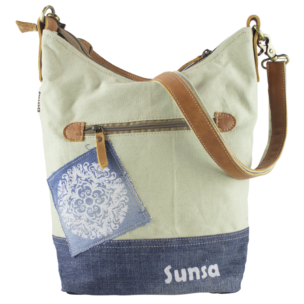 Sunsa dames schoudertas. Schoudertas gemaakt van upcycled jeans en canvas. Handtas vintage retro-stijl. Crossbodytas voor dames met mandala print