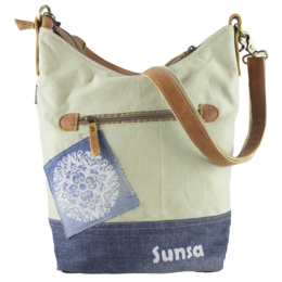Sunsa dames schoudertas. Schoudertas gemaakt van upcycled jeans en canvas. Handtas vintage retro-stijl. Crossbodytas voor dames met mandala print