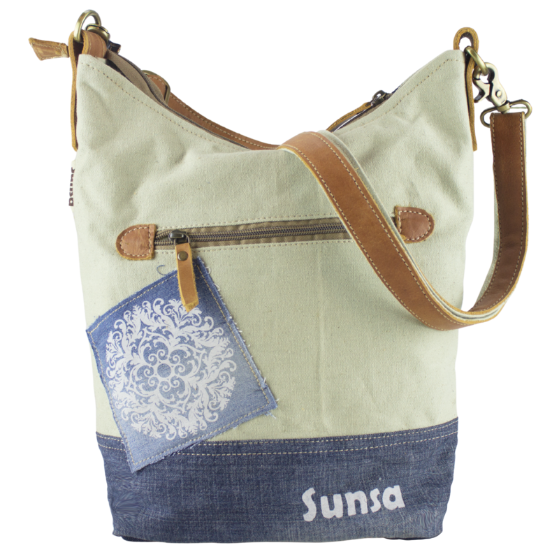 Sunsa dames schoudertas. Schoudertas gemaakt van upcycled jeans en canvas. Handtas vintage retro-stijl. Crossbodytas voor dames met mandala print