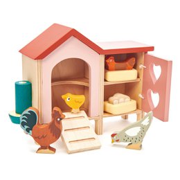 Wooden chicken coop with accessories including a yellow chick, eggs, and feeding trough. Suitable for doll play.