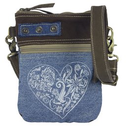 Domelo traditionele tas dames schoudertas. Dirndl schoudertas gemaakt van upcycled jeans en canvas en leer. Handtas in traditionele stijl met hartjesprint. Crossbodytas voor dames als Oktoberfest-accessoire.