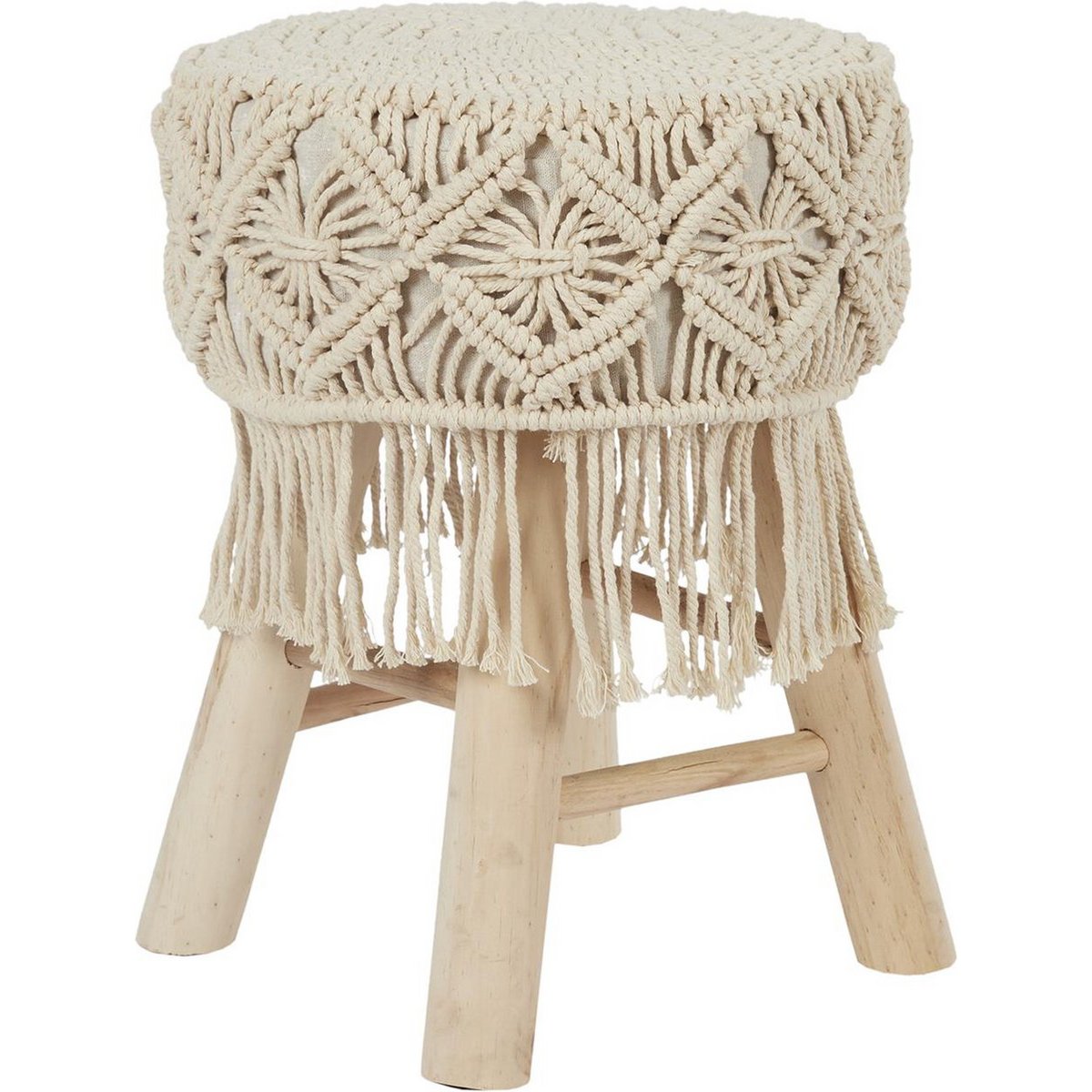 Bohemian wooden stool with handmade macramé - Ø32 x 42 cm - boho side stool / seat stool / ottoman of natural materials - decorative stool for living room, hall or bedroom - brown