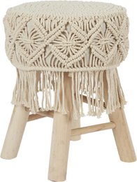 Bohemian wooden stool with handmade macramé - Ø32 x 42 cm - boho side stool / seat stool / ottoman of natural materials - decorative stool for living room, hall or bedroom - brown