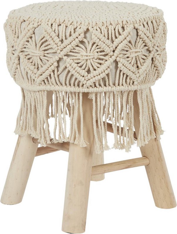 Bohemian wooden stool with handmade macramé - Ø32 x 42 cm - boho side stool / seat stool / ottoman of natural materials - decorative stool for living room, hall or bedroom - brown