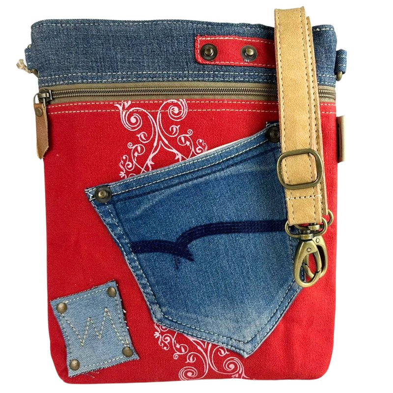 Sunsa dames schoudertas. Schoudertas gemaakt van upcycled jeans en canvas. Handtas vintage retro-stijl. Crossbodytas voor dames.