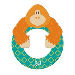  Wooden toy letter 'O' in the shape of an orange monkey with a patterned background.