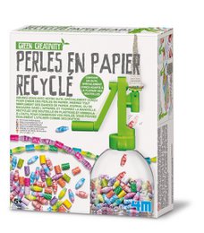 Colorful paper bead necklace making kit, includes paper beads, string, and instructions.