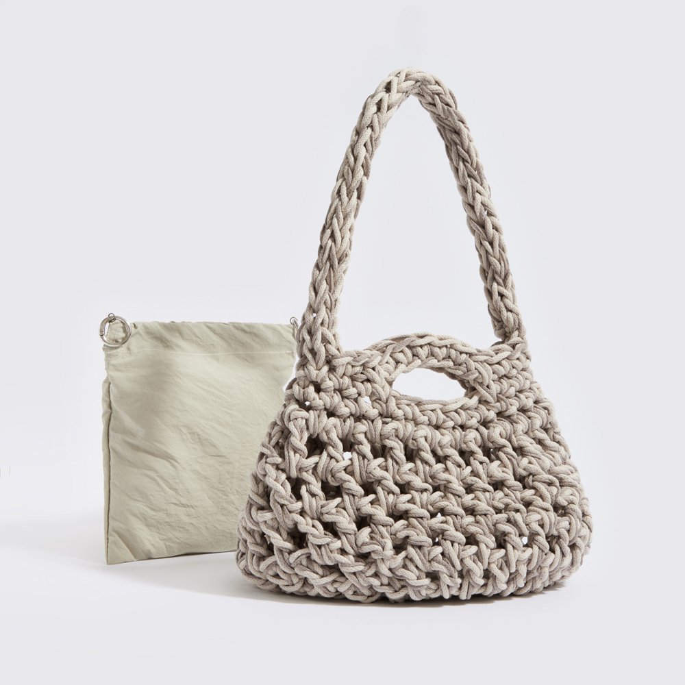 “Tinos cotton”  crochet shoulder bag with waterproof pouch crème + beige