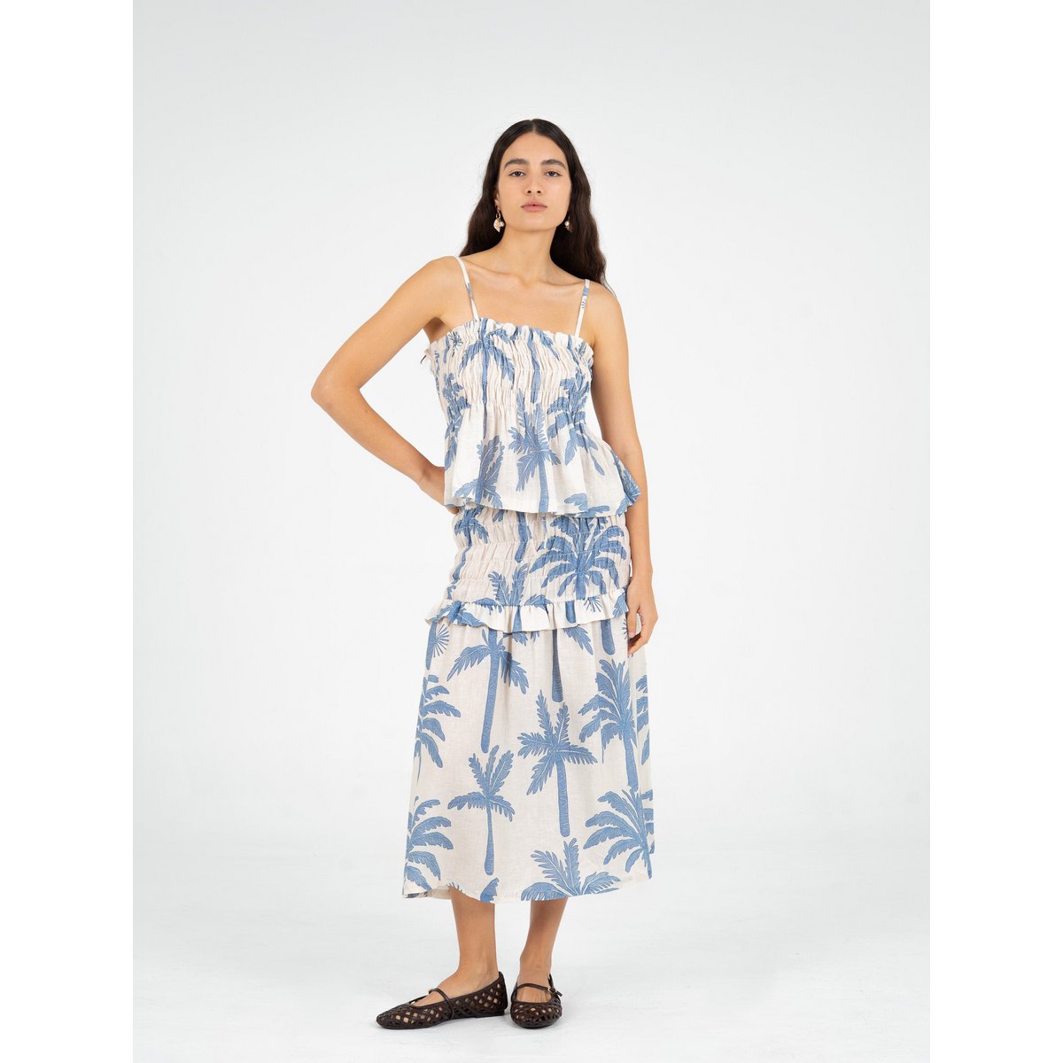 Gonna midi in lino smock con stampa palme di Elios