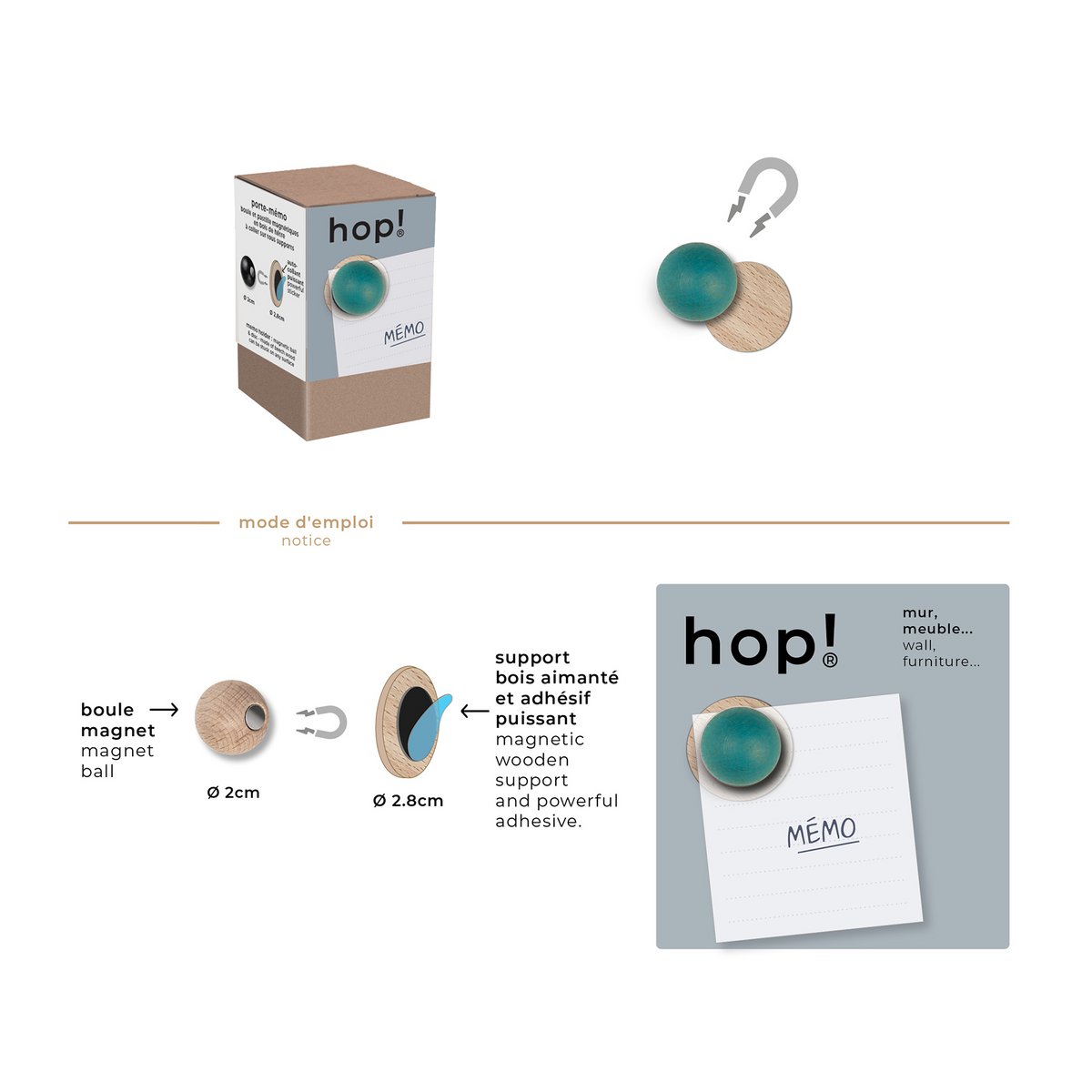 hop - porte mémo avec son support magnétique - 4 coloris