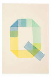Colorful abstract poster with letter Q design, featuring geometric shapes in pastel shades of blue, green, and yellow.