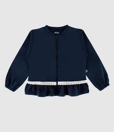 # Product Description
Girls' zip-up jackets with ruffled hem, long sleeves, navy and mauve colors, kids sweaters.