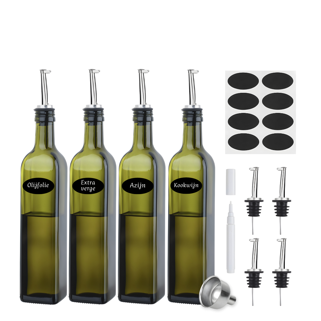 Green Oil & Vinegar Dispenser Bottle Set - 4 Pack - 500ml - With Pouring Spouts, Funnel, Stickers & Marker