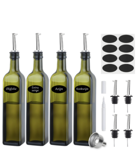 Grünes Öl- und Essigspenderflaschen-Set – 4er-Pack – 500 ml – mit Ausgießer, Trichter, Aufklebern und Marker