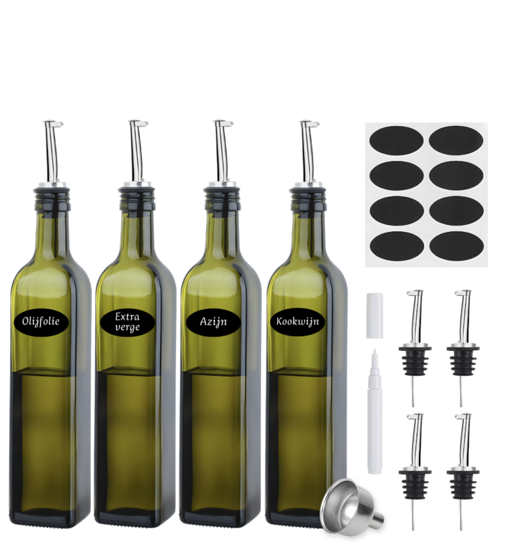 Ensemble de bouteilles distributrices d'huile et de vinaigre vert, paquet de 4, 500ml, avec becs verseurs, entonnoir, autocollants et marqueur
