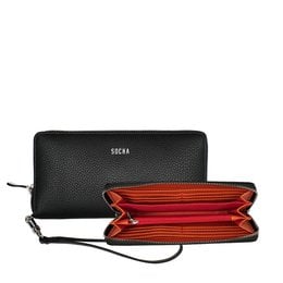 Black leather wallet with zipper closure and multiple compartments for cards and cash.
