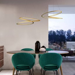  Modern LED pendant light with curved gold and black metal rings, minimalist design, dimmable warm white lighting.