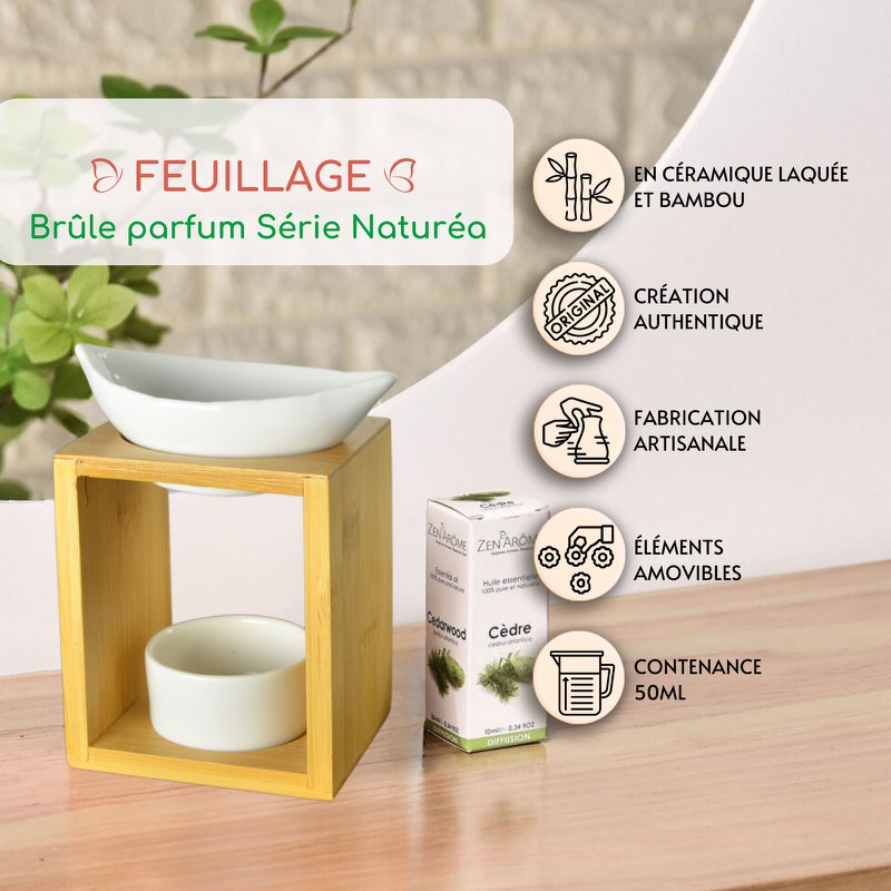 Brûle Parfum Série Naturea – Feuillage – Objet Décoration – Senteurs, Cires Parfumées, Huiles Essentielles – en Bambou et Céramique