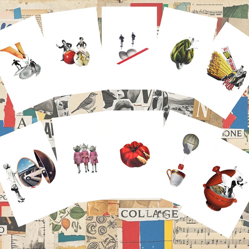 Kitchen illustration postcards of paper collage 15x10cm