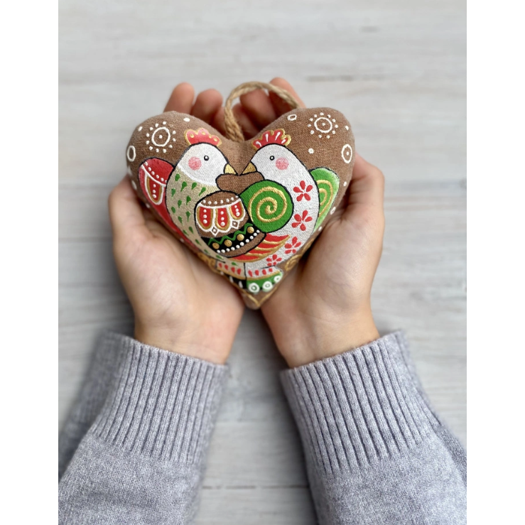 Textile ornament Vanilla and cocoa scented "Coffee heart with birds"