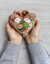 Textile ornament Vanilla and cocoa scented "Coffee heart with birds"