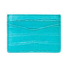 Turquoise blue leather card holder with a textured crocodile skin pattern.