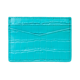 Turquoise blue leather card holder with a textured crocodile skin pattern.