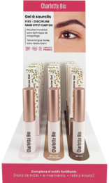 "Eyebrow gel display set, nude brown shades, mascara-style brush applicator, brow styling product"