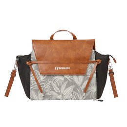 Diaper bag with palm tree print, made of durable materials, featuring multiple compartments and a convertible design for versatile use.