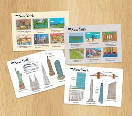 Illustrated postcards featuring iconic landmarks and sights of New York City, including the Statue of Liberty, Empire State Building, and more. Suitable for use in an e-commerce search.